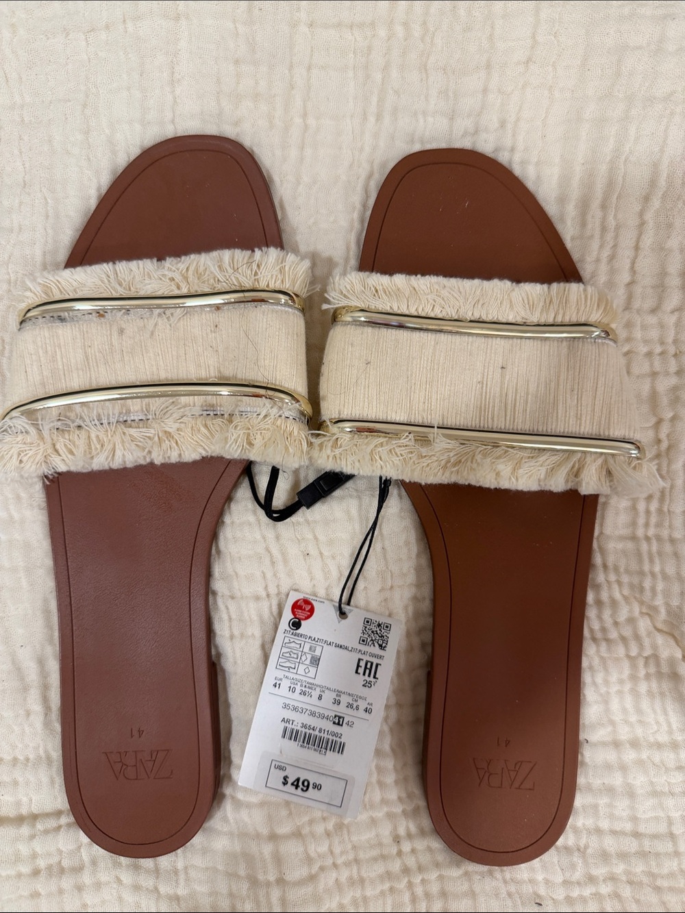 Zara Cream Fringe Slide Sandals with Gold Bars